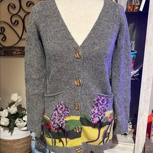 Ingrid Hass Elegant Gray Cardigan with Floral embroidery size small 100% wool